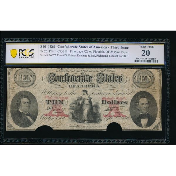 1861 $10 T-26 Confederate PCGS 20