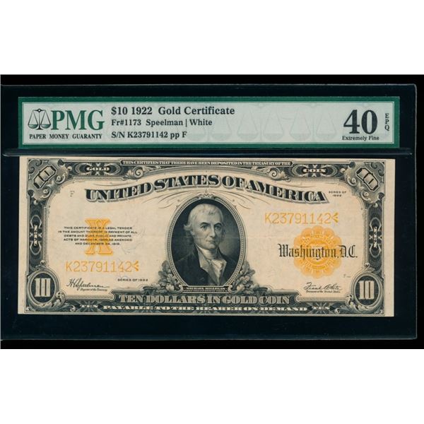 1922 $10 Gold Certificate PMG 40EPQ