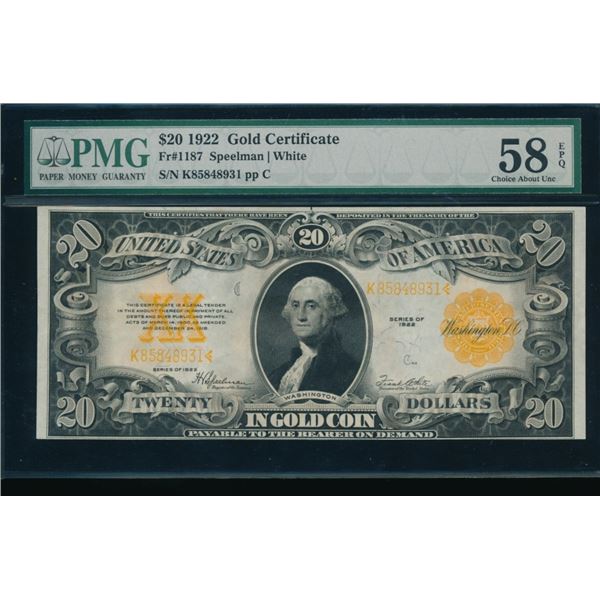 1922 $20 Gold Certificate PMG 58EPQ