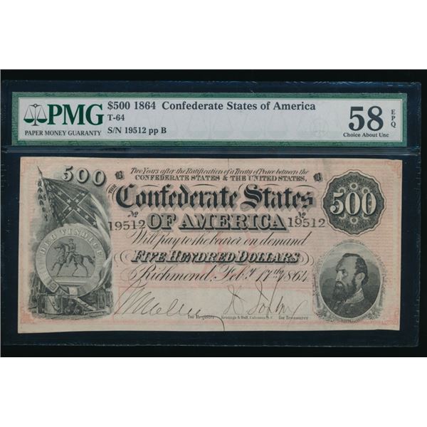 1864 $500 T-64 Confederate PMG 58EPQ