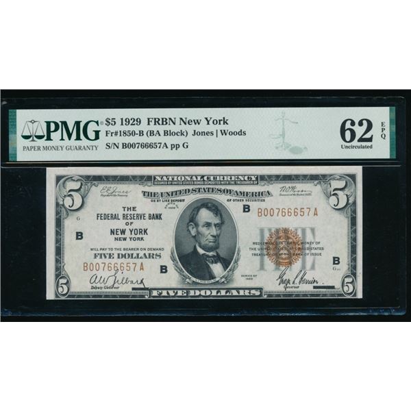 1929 $5 New York FRN PMG 62EPQ