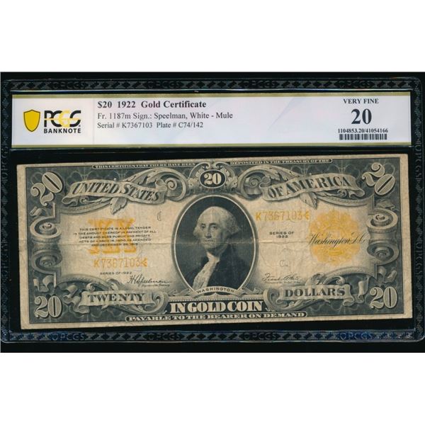 1922 $20 Gold Certificate PCGS 20