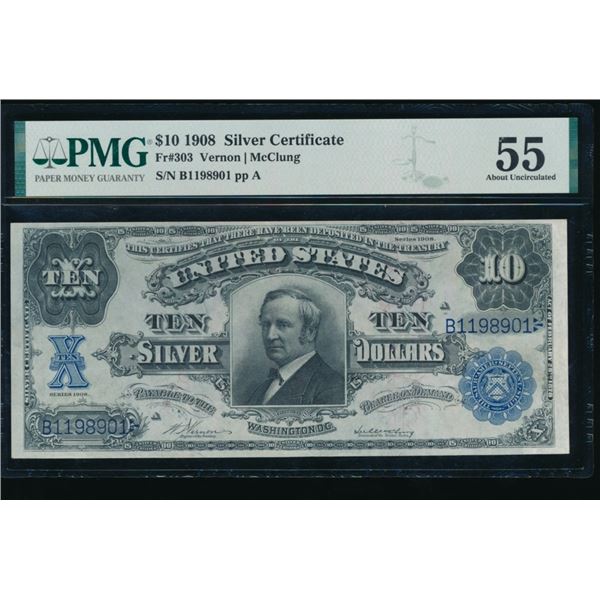 1908 $10 Tombstone Silver Certificate PMG 55