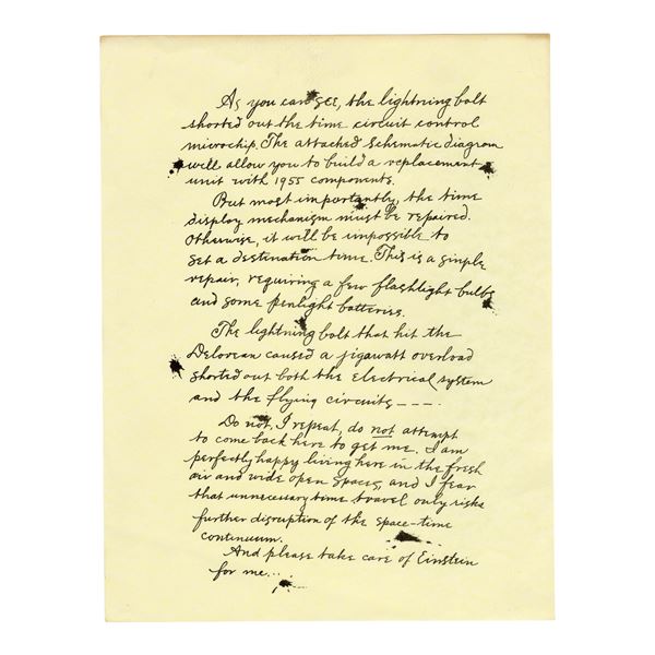 545. Page from Doc Brown's (Christopher Lloyd) 1885 DeLorean Repair Letter to Marty (Michael J. Fox)