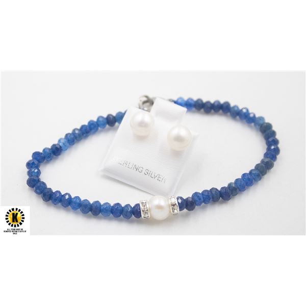 #12- NATURAL BLUE  JADE ,PEARL ,BRACELET & EARRING