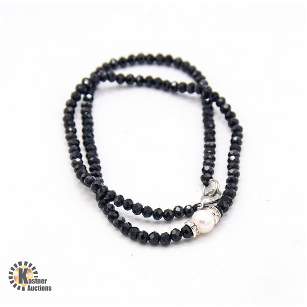 #26- NATURAL BLACK AGATE  ,PEARL NECKLACE 18"