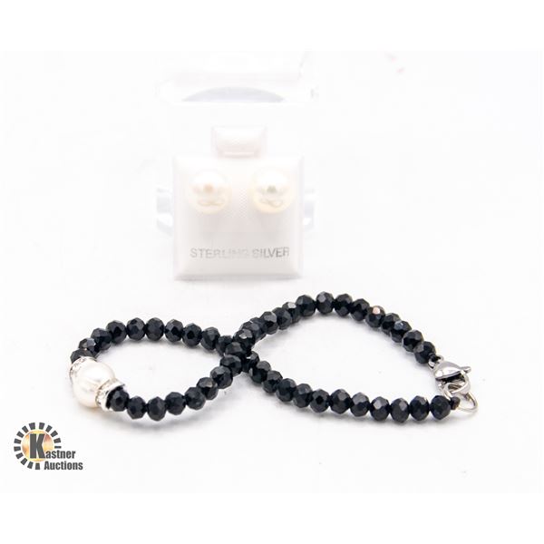 #25- NATURAL BLACK AGATE  ,PEARL ,BRACELET & EARRI