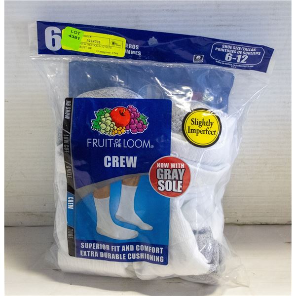WHITE CREW SOCKS 6-12 SIZE 6-PACK FRUIT OF