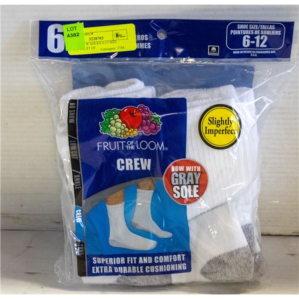 WHITE CREW SOCKS 6-12 SIZE 6-PACK FRUIT OF