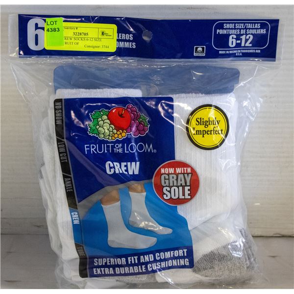 WHITE CREW SOCKS 6-12 SIZE 6-PACK FRUIT OF