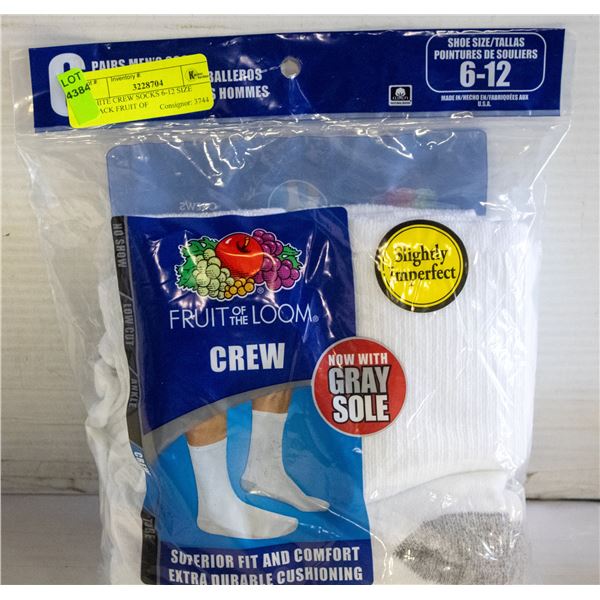 WHITE CREW SOCKS 6-12 SIZE 6-PACK FRUIT OF