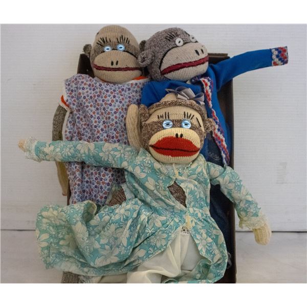 3 VINTAGE SOCK MONKEYS