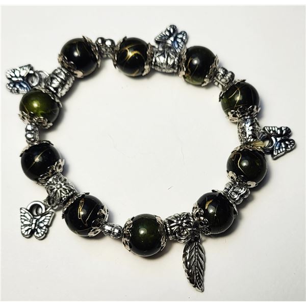 4)  OLIVE GREEN WITH GOLD VEINING BEAD  STRETCHY