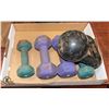 Image 1 : DUMBELLS AND KETTLE BELL, (2) 5 LBS, (2) 8 LBS,