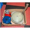 Image 1 : BOX W/ CAMPING ITEMS - AXE, GARAFFE, POT, ETC
