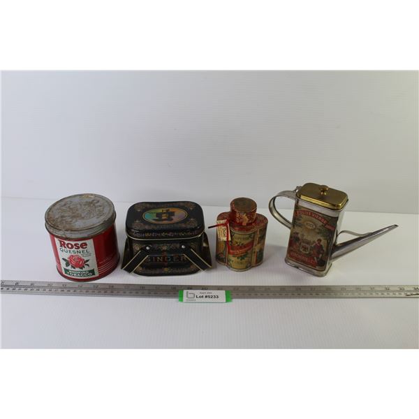 (4) Tin Containers - Singer - Rose Quesnel Tabacco - Nice Olive Oil - Tea From China