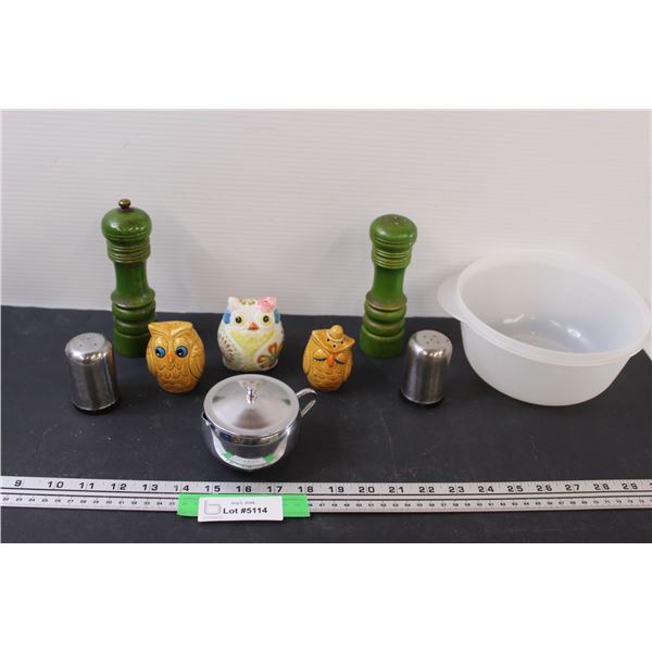 (3) Sets of Salt & Pepper Shakers (2 Plugs Missing) & Metal Creamer & Tupperware Mixing Bowl