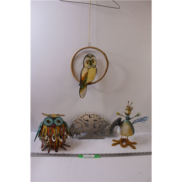 (2) Metal Art Owl & Peacock Springy Decor, Hanging Owl Painted Glass Decor, Casted Metal Tree Decor