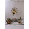 Image 1 : (2) Metal Art Owl & Peacock Springy Decor, Hanging Owl Painted Glass Decor, Casted Metal Tree Decor