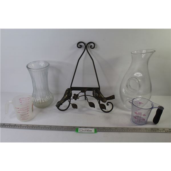 (2) Glass Vases - (2) Plastic Measuring Cups - Metal Picture/Plate Stand w/Birds