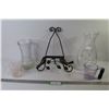 Image 1 : (2) Glass Vases - (2) Plastic Measuring Cups - Metal Picture/Plate Stand w/Birds