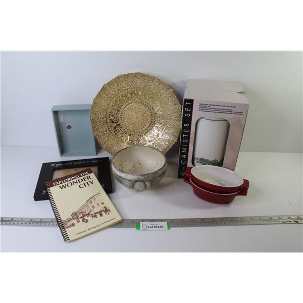 4 Piece Canister Set (NIB) - Glass Gold Bowl - Pottery Bowl - Dishes - Exploring Saskatoon Book - Mi