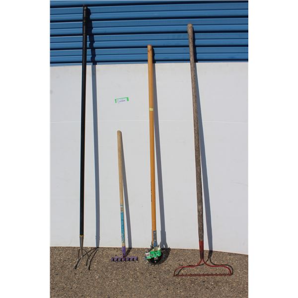 ** (2) Rakes, Lawn Edger, Hand Held Cultivator