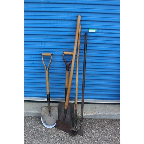 ** (2) Shovels, Ice Chipper, Garden Hoe, Pry bar