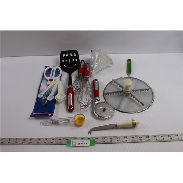 Various Kitchen Items - Pizza Cutter, Whisks, Funnel, Tongs, Measuring Spoons etc.