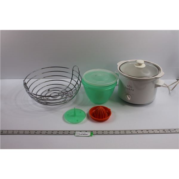 Rival Crock Pot(working), Wire Fruit Basket, Tupperware Bowl w/Lid & Juicer
