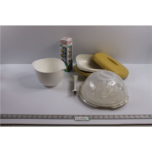 Various Kitchen Items - Mixing Bowl, Spice Grinder, Cake Caddy, Tupperware Container w/Lid and Strai