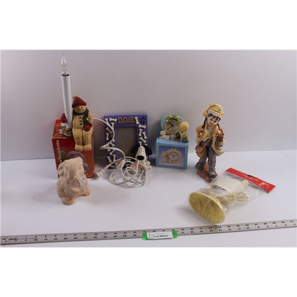 Home Decor - Snowman Edge Light, Dog Picture Frame, Small Clock, Terra Cotta Rabbit etc./