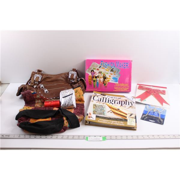 (2) Hand Bags, (2) Wallets, Calligraphy Book, Fashion Maker Cut & Sew Doll Clothes, Plate Holder & C