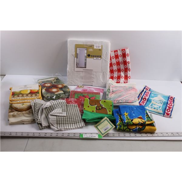 55"x96" Curtains, Oven Mitts, (5 pc) Kitchen Set, Paper Napkins, Dish Towels, Wash Cloths, etc.