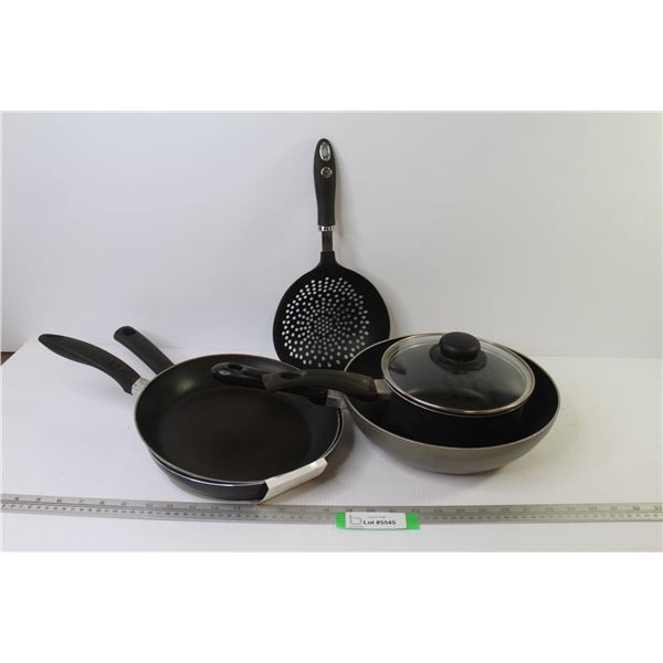 (3) Frying Pans - Sauce Pan w/Lid - Strainer