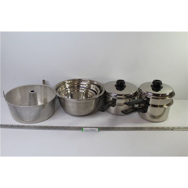 (3) Sauce Pans 1 w/Lid - Set of 3 Stainless Steel Mixing Bowls - Angel Food Cake Baking Pan