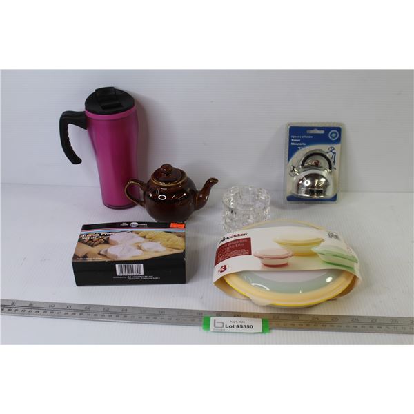 Set of 3 Collapsible Bowls - Dough Press - Kitchen Timer - Glass candle Holder - Single Cup Tea Pot 
