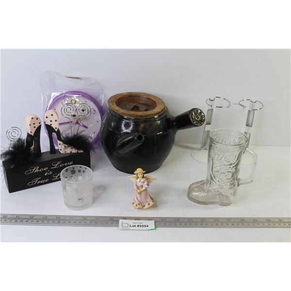 Asian Tea Pot - Doll Stands - Ornament - Shoe Love Stand - Plastic Clock - Glass Cowboy Shoe Cup