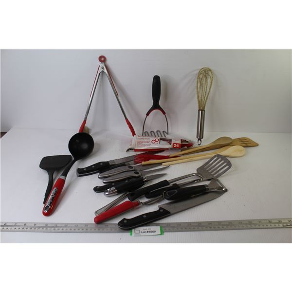 Assorted Kitchen Ware - Wooden Spoons - Knives - Misc. Items