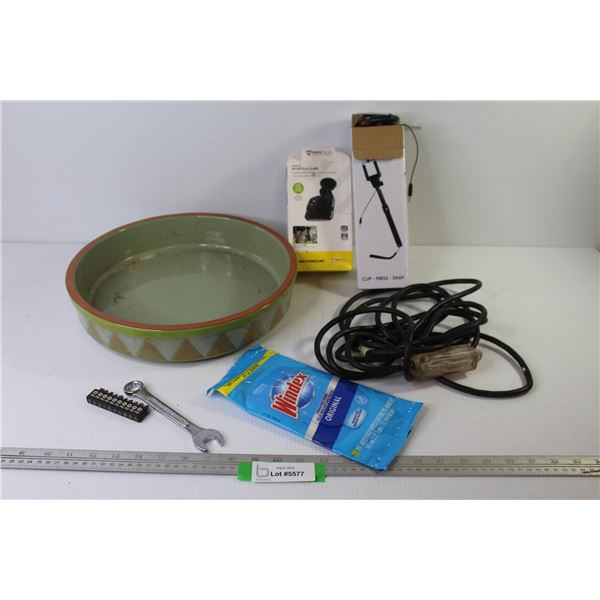 Large Ceramic Dish (cracks) - Wrench - Driver Tips - Windex Wipes - Cell Phone Holder - HD DRV Dash 