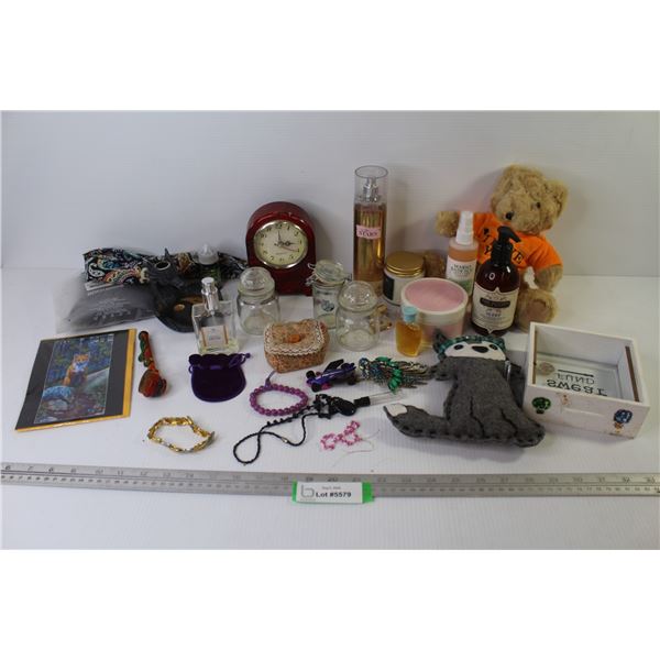 Teddy Bear - Clock - Assorted Perfumes - Costume Jewelry Misc. Items