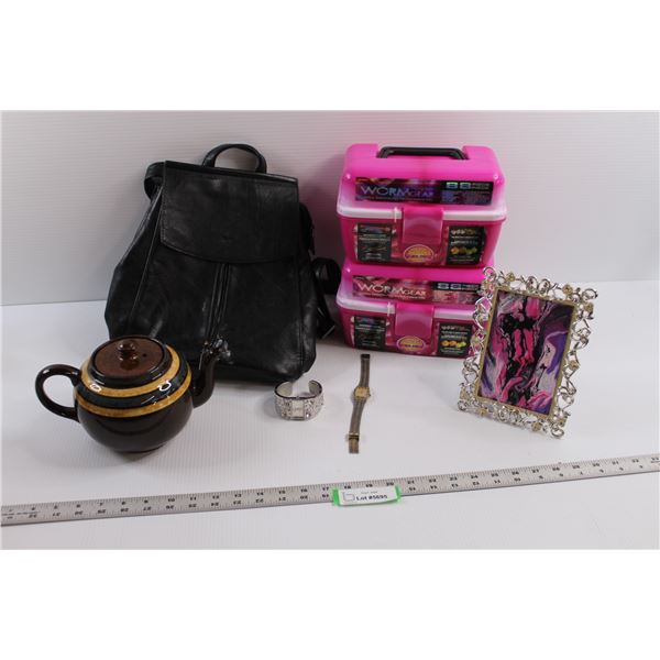 Tea Pot, Leather Feel Backpack, (2) Worm Gear Tackle Boxes, (2) Watches & 4"x6" Picture Frame