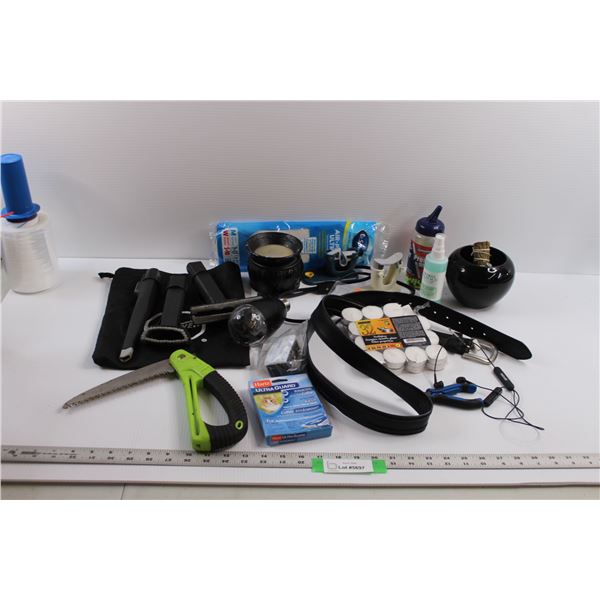 Various Items - Belt, Hoover Vacuum Attachments, Folding Saw, TYewa Lights, Scentsy Warmer (Untested