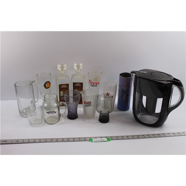 (2)Sask Prairie Amaretto Bottles, Bar Glassware, & Brita Water Filter Pitcher w/Extra Filters