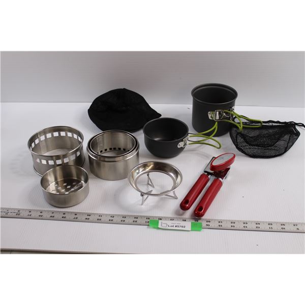 Portable Mini Wood/Char-Coal Stove, (2) Camping Pots w/Carry Bags & Can Opener