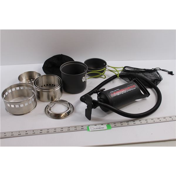 Portable Mini Wood/Char-Coal Stove, (2) Camping Pots w/Carry Bags & Hand Air Pump