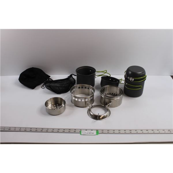 Portable Mini Wood/Char-Coal Stove, (4) Camping Pots w/ (2)Carry Bags