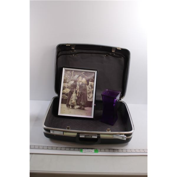 Vintage Airway Suitcase, 3-D Picture (11"x15") & Glass Vase