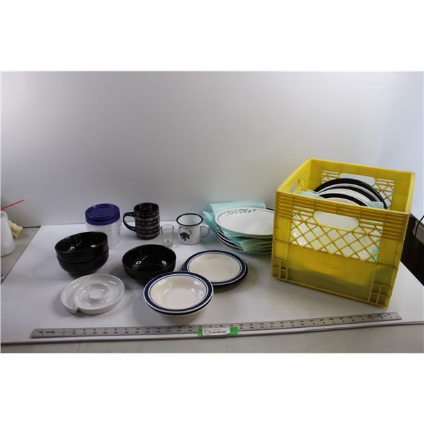 Dishware/Stoneware & Cups, (19) Large plates (Corelle, Mainstays), Storage Containers w/Milk Crate