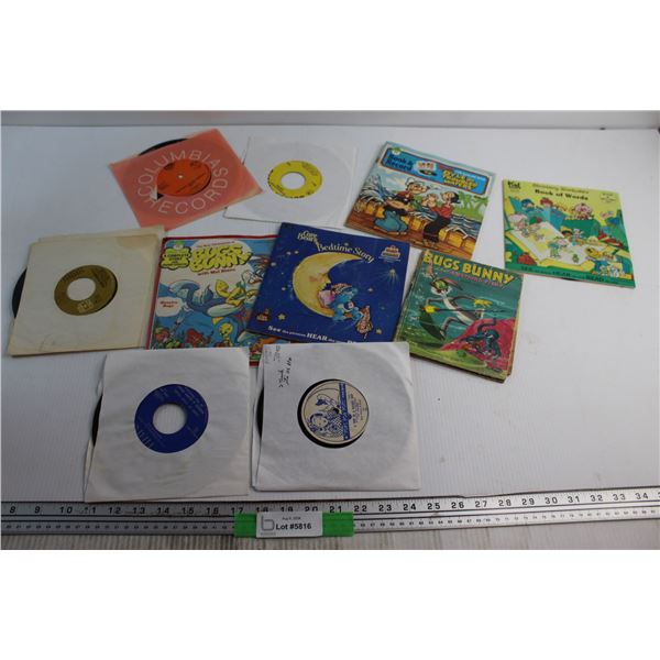 (2) Bugs Bunny and Popeye Books and (8) Assorted Vinyl Records